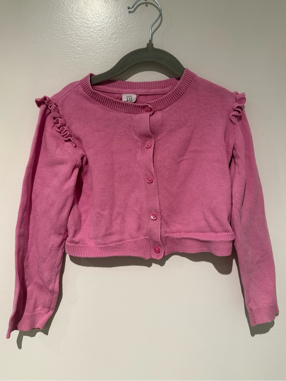 baby Gap Pink Ruffle Shoulder Button Front Knit Cardigan Sweater 5T